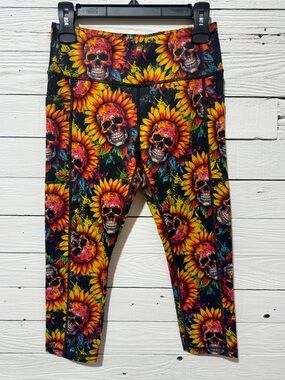 Constantly Varied Gear Black Leggings with Yellow Sunflower & Pink Skull Print
